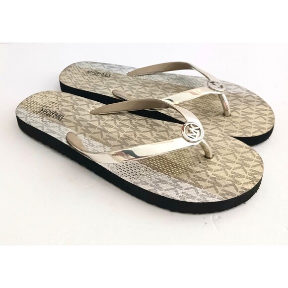 Michael Kors Bedford Glam Thong Flip Flops Gold Metallic Straps Logo Sz 9 - Picture 1 of 9